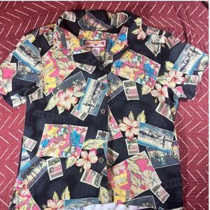 Caribbean Joe Hawaiian Shirt Aloha Tropical Stamp Print Mens Medium Rayon‎